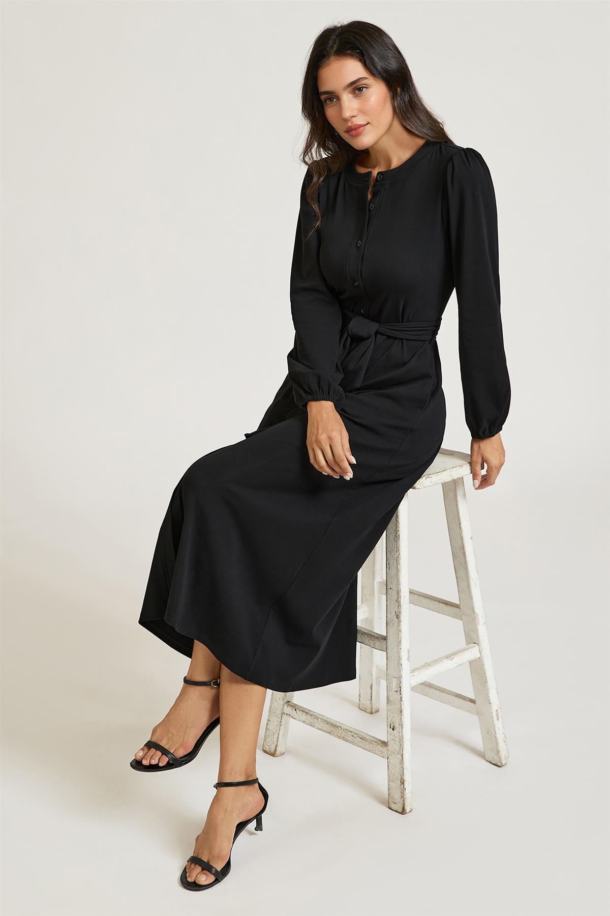 FS Collection Black Long Balloon Sleeve Jersey Midi Shirt Dress