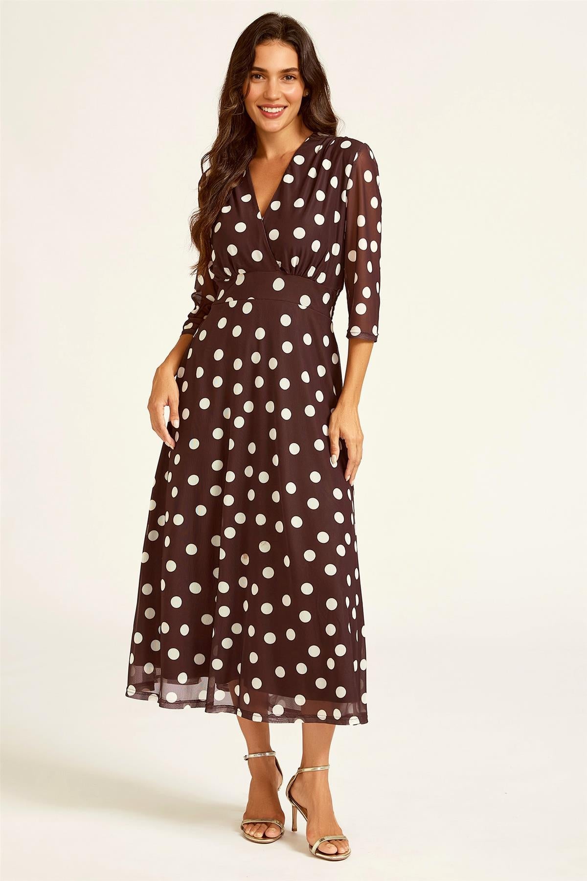 FS Collection Polka Dot Mesh Wrap Neck 3/4 Sleeve Midi Dress In Brown