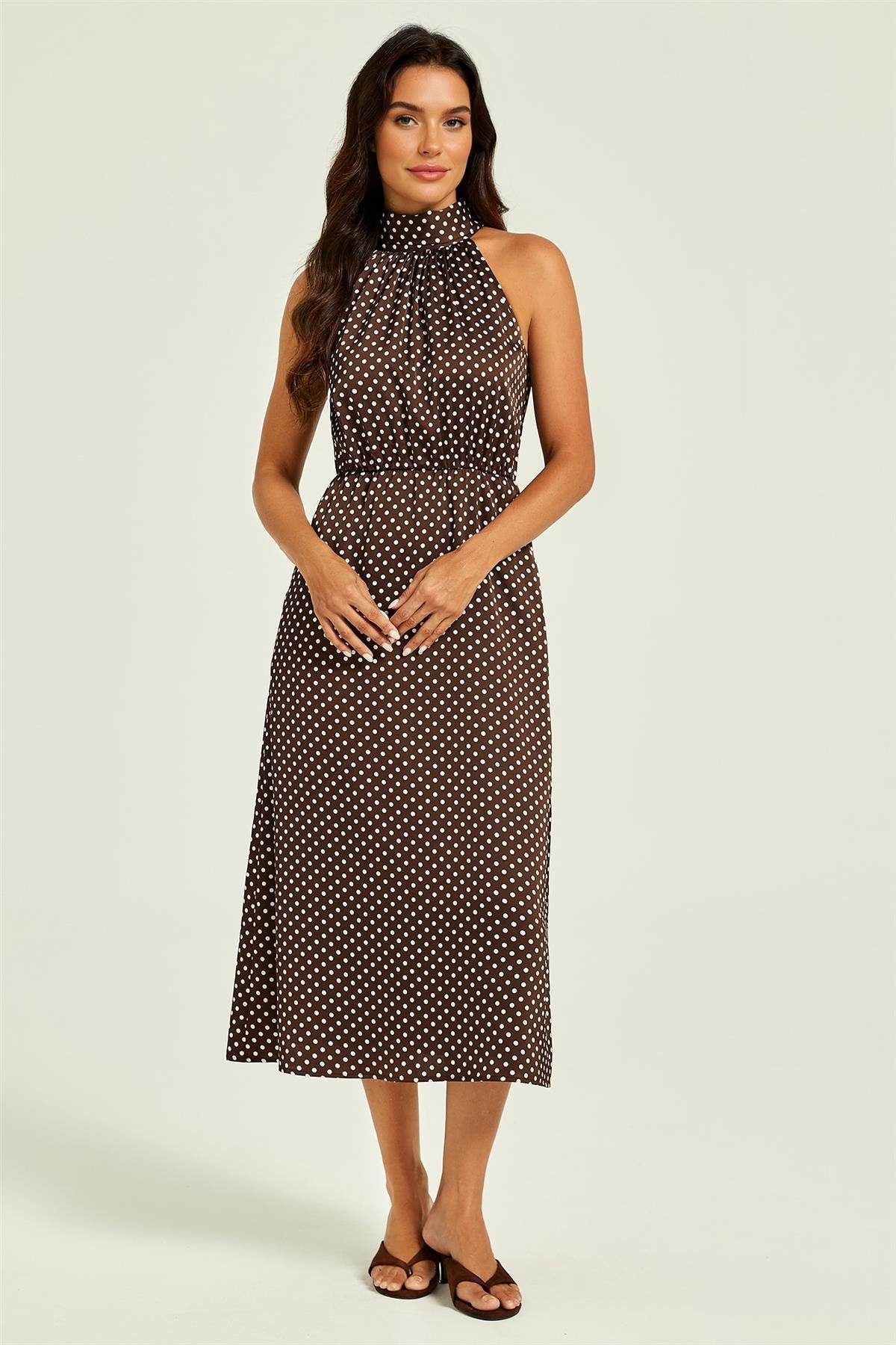 FS Collection Polka Dot Halterneck Tie Back Midi Dress In Brown