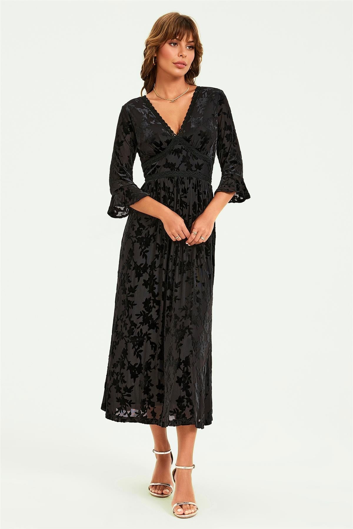 Floral Velvet Devore Lace Trim Neckline Midi Dress In Black