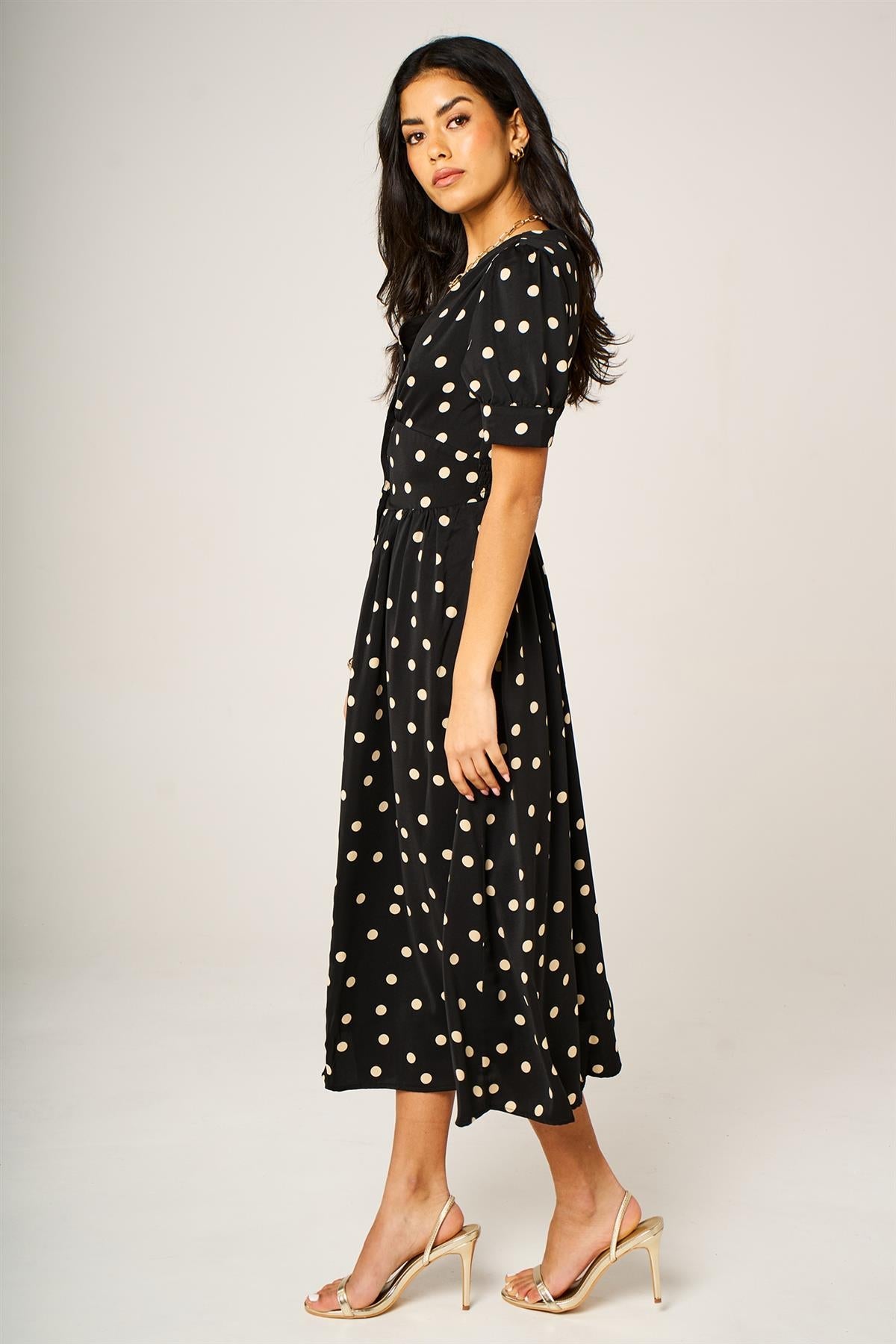 Dot Print Button Front Midi Dress In Black With Puff Sleeves