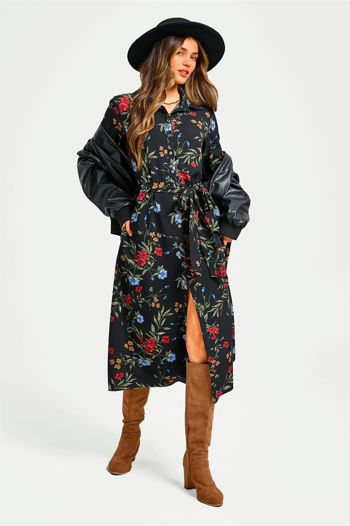 FS Collection Black Floral Print Shirt Midi Dress With Tie Waist