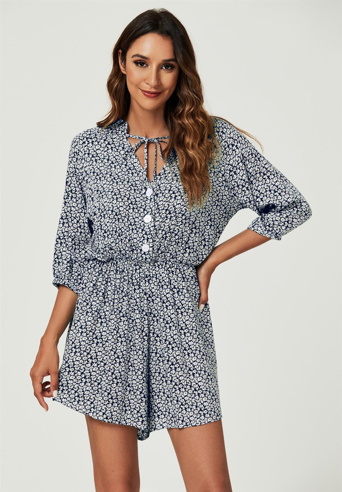 FS Collection Daisy Floral Print Boho Playsuit With Buttons In Navy
