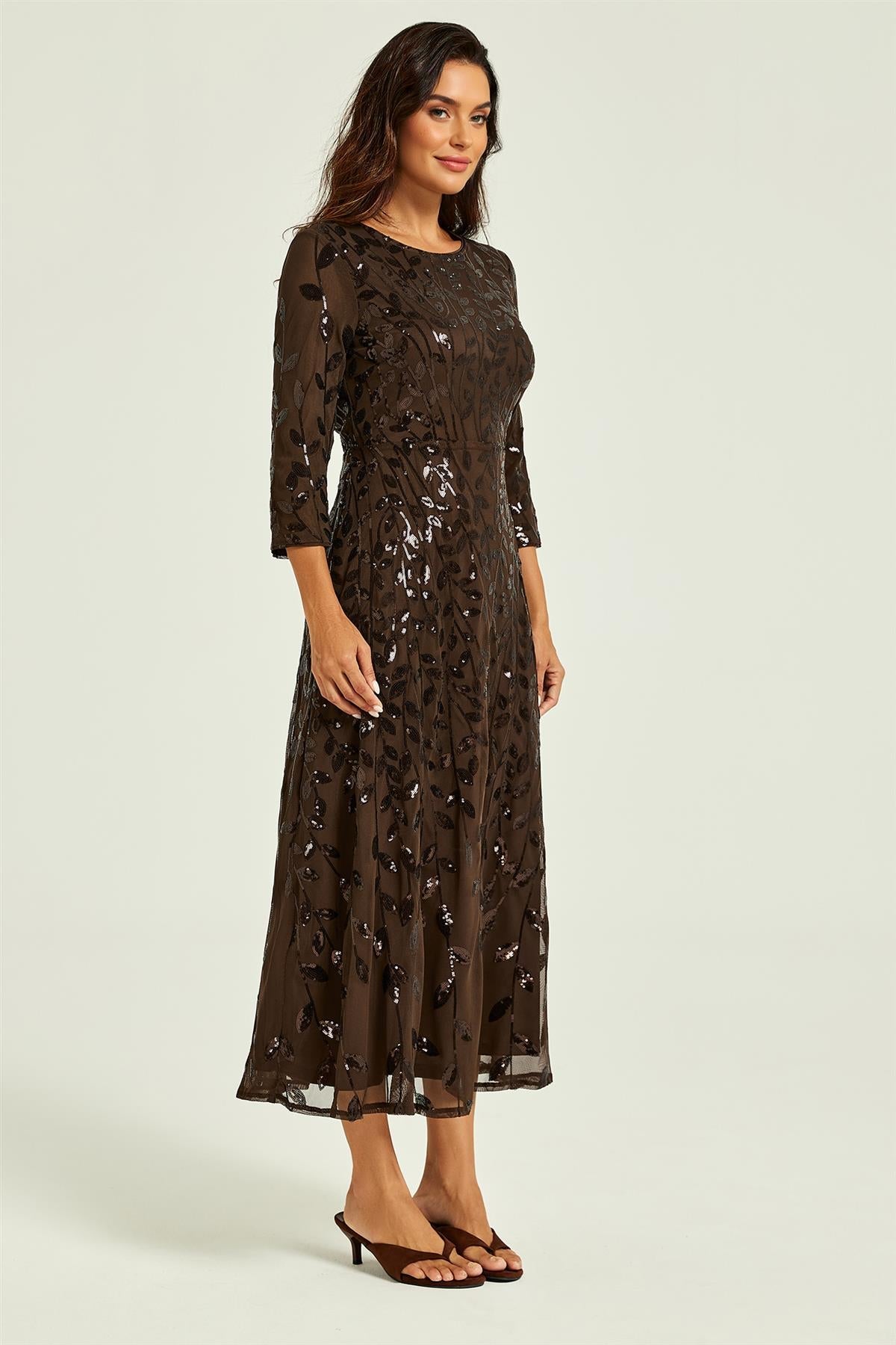 FS Collection Sequin Leaf 3/4 Sleeve Bridesmaid Midi Dress In Brown