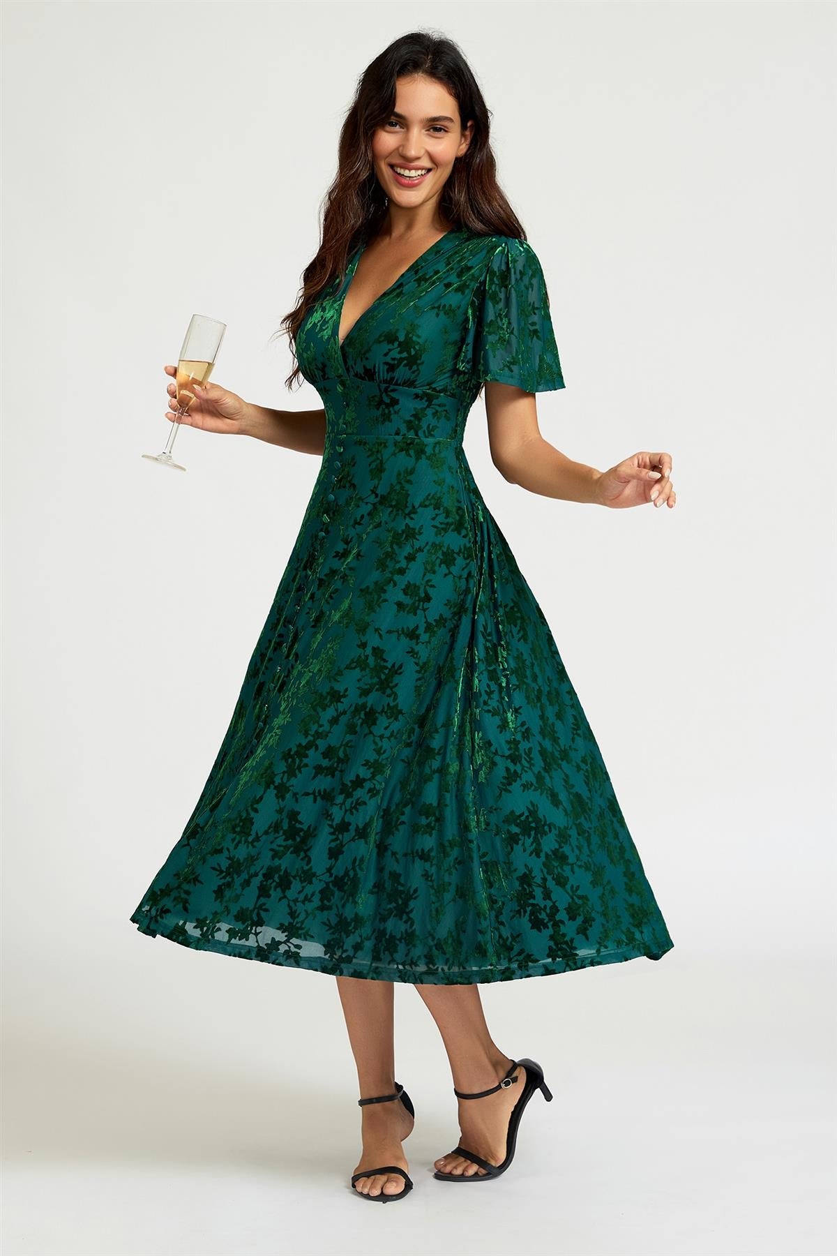 FS Collection Green Floral Velvet Devore V neckline Dress