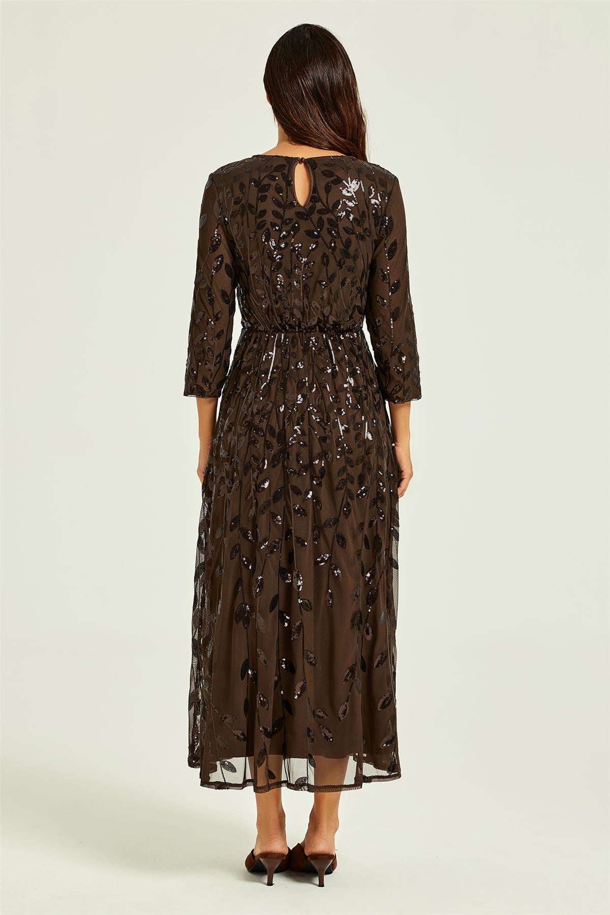 FS Collection Sequin Leaf 3/4 Sleeve Bridesmaid Midi Dress In Brown