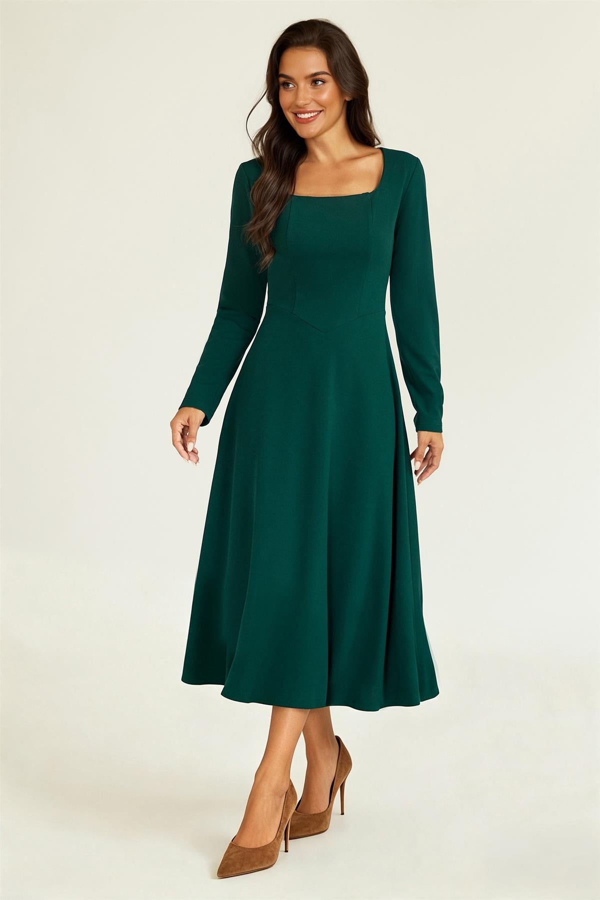 Square Neck Long Sleeve Fit & Flare Midi Dress In Green