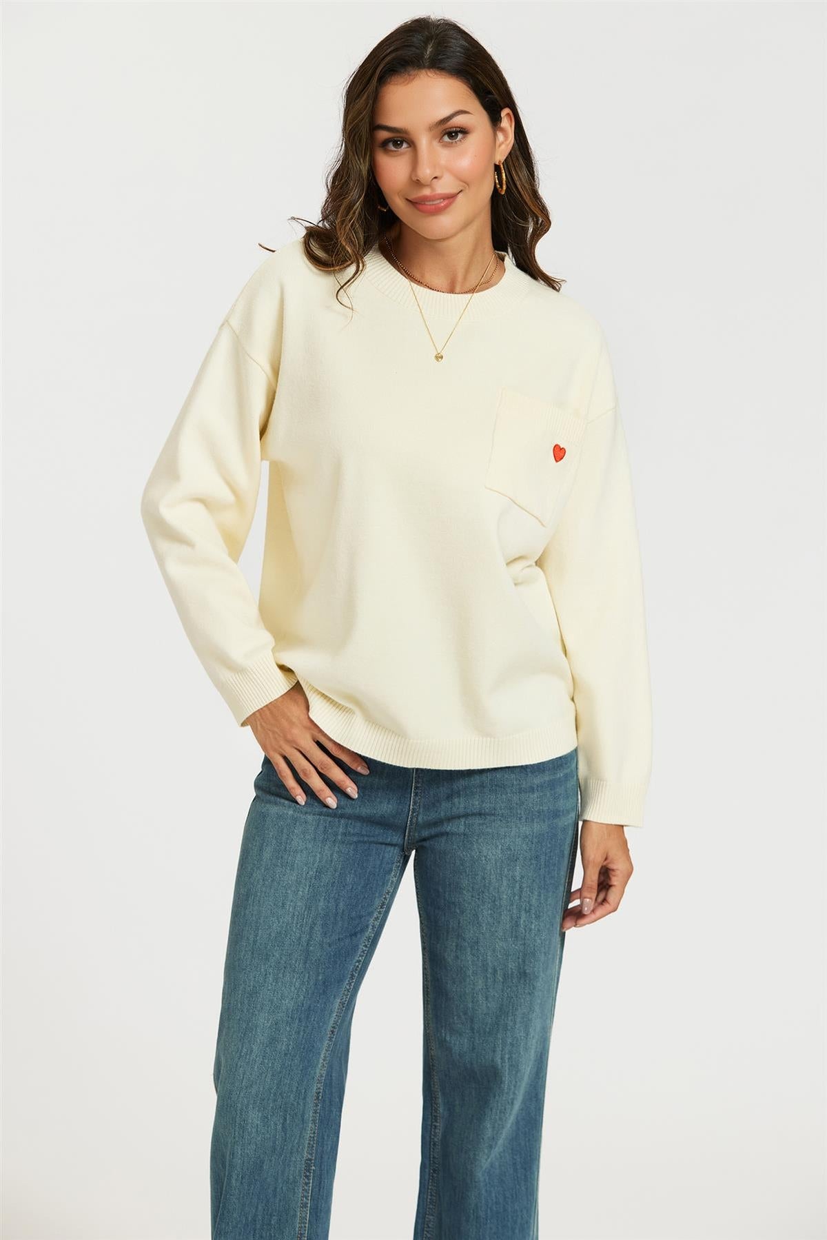 FS Collection Heart Embroidered Knit Jumper Top In Cream