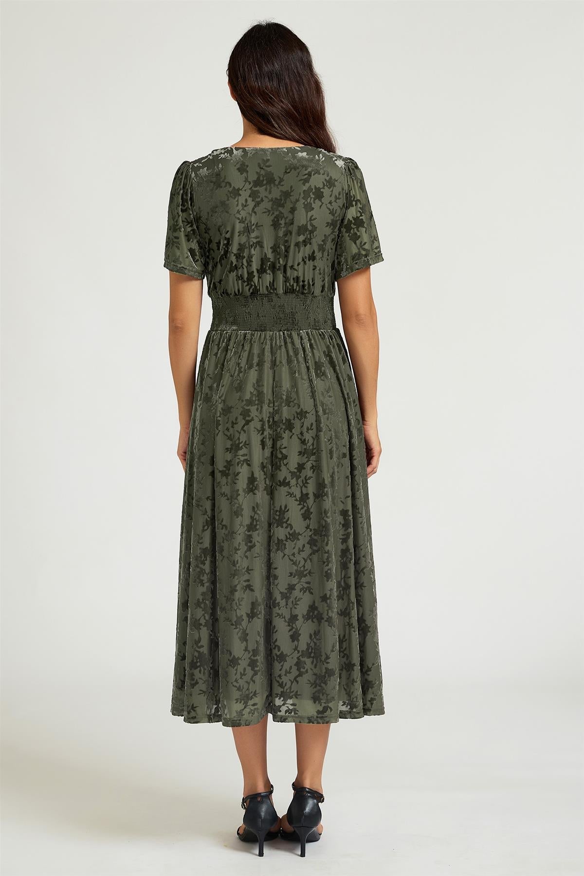FS Collection Dark Sage Velvet Burnout V-Neck Angel Sleeve Midi Dress