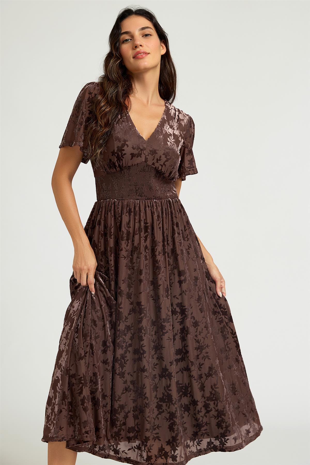 FS Collection Brown Velvet Burnout V-Neck Angel Sleeve Midi Dress