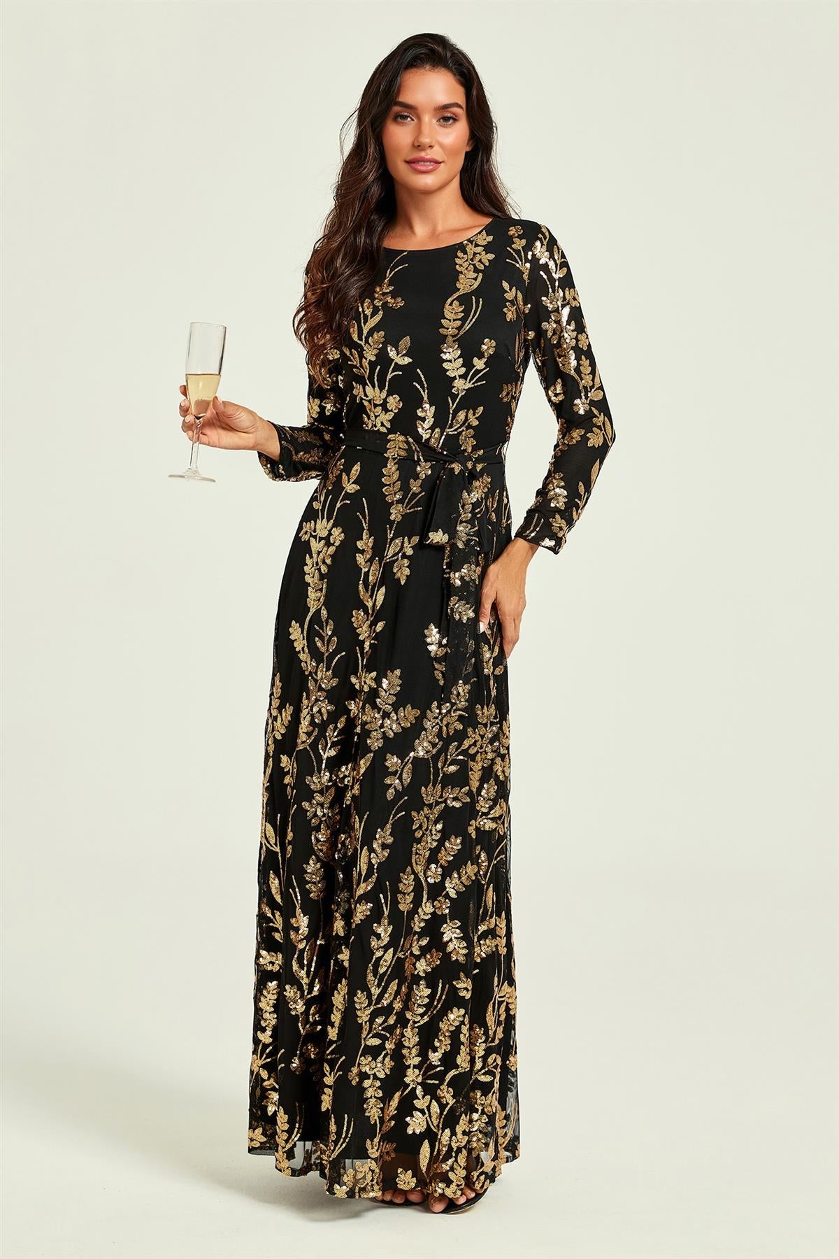FS Collection Gold Sequin Leaf Long Sleeve Bridesmaid Maxi Dress In Black