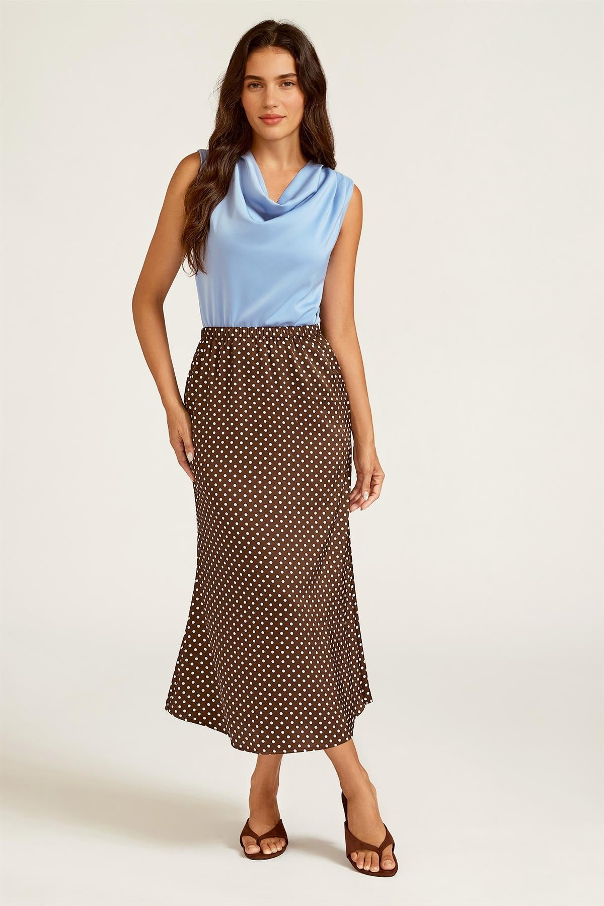 Polka Dot Print Satin Midi Skirt In Brown