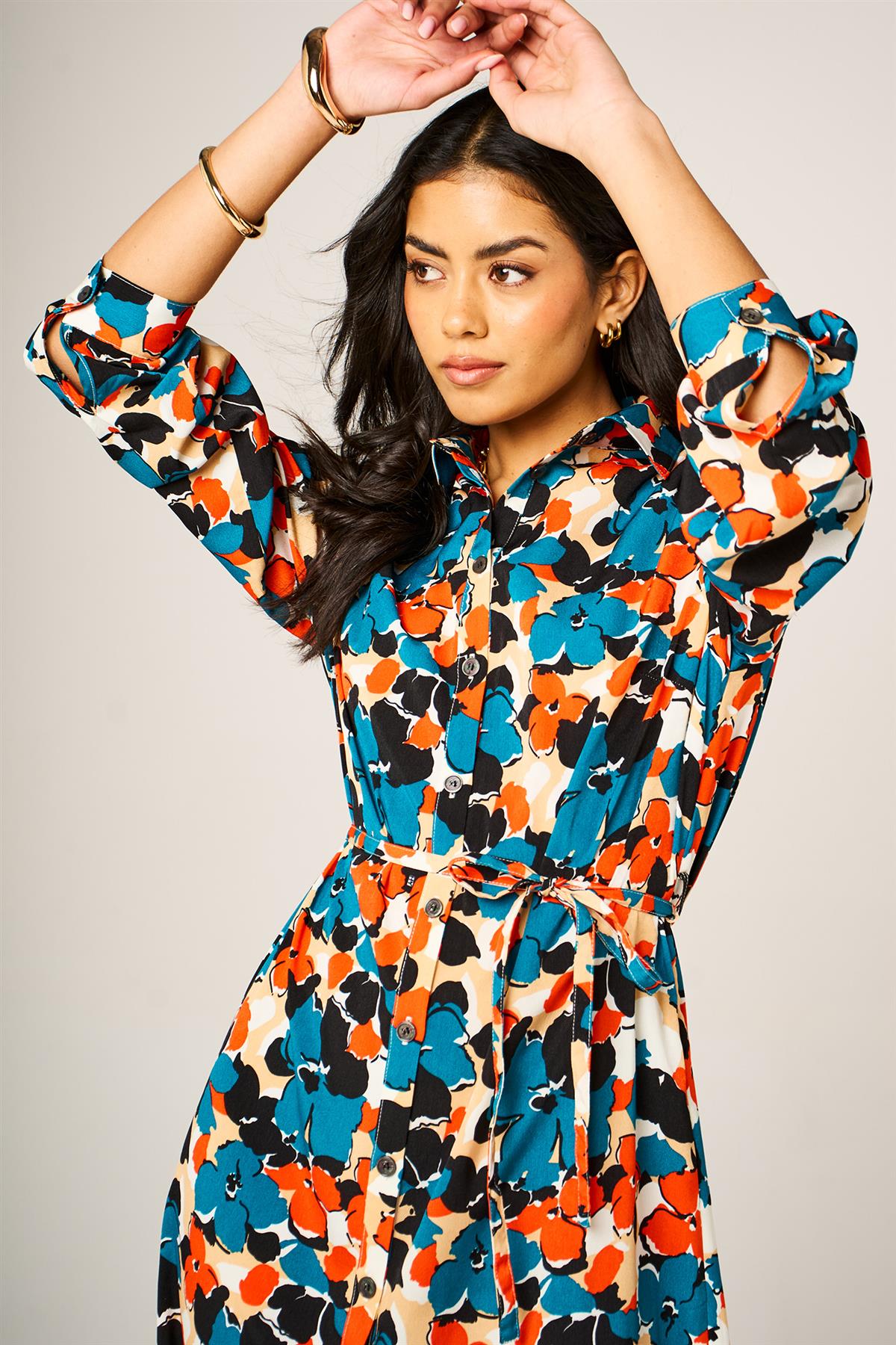 Floral Print Shirt Midi Dress In Multi