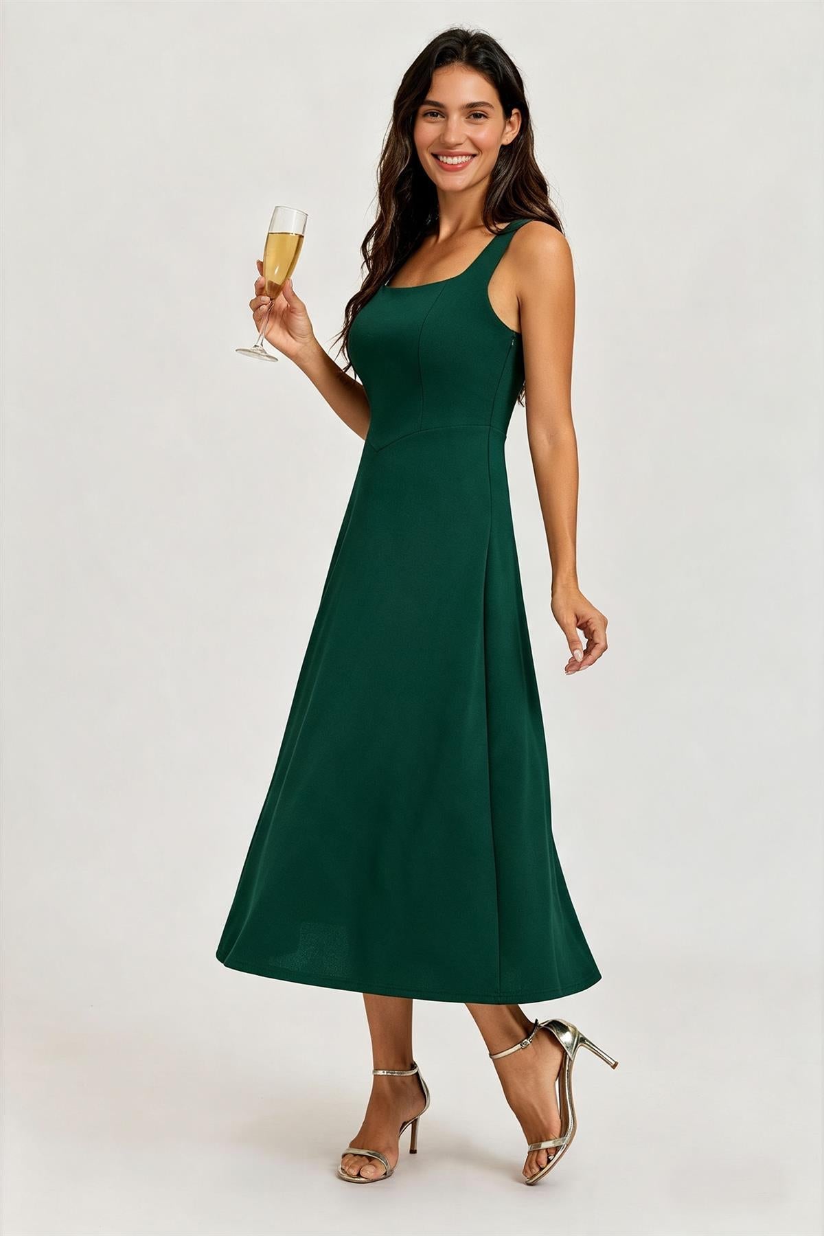 Square Neck Sleeveless Fit & Flare Midi Dress In Green