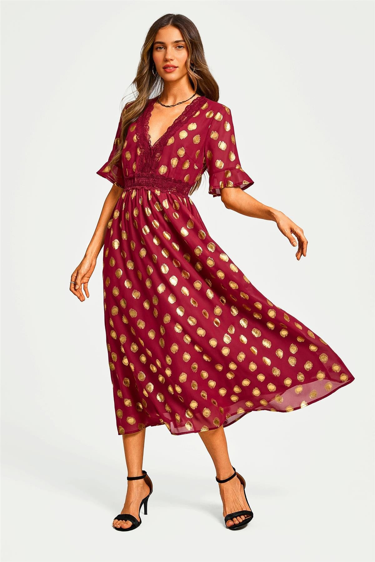 Gold Foil Long Sleeve Lace Trim V Neck Maxi Dress In Wine