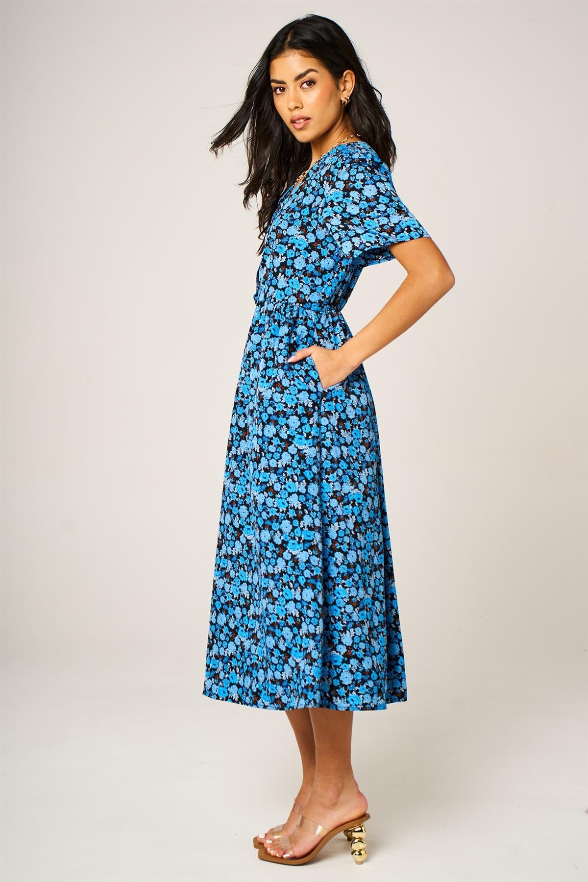 Floral Print Button Front Midi Dress In Royal Blue