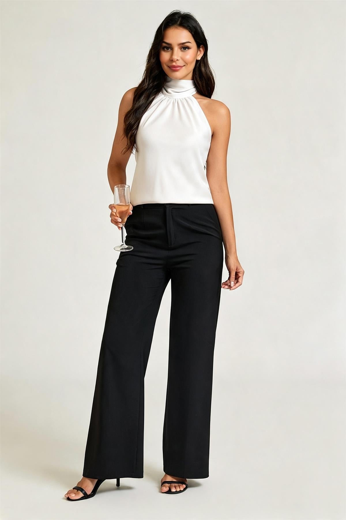 FS Collection Satin Halter Neck Tie Back Top In White