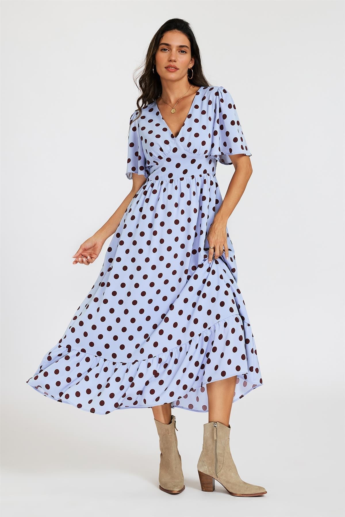 FS Collection Polka Dot Print Angel Sleeve V Neck Frill Hem Midi Dress In Blue