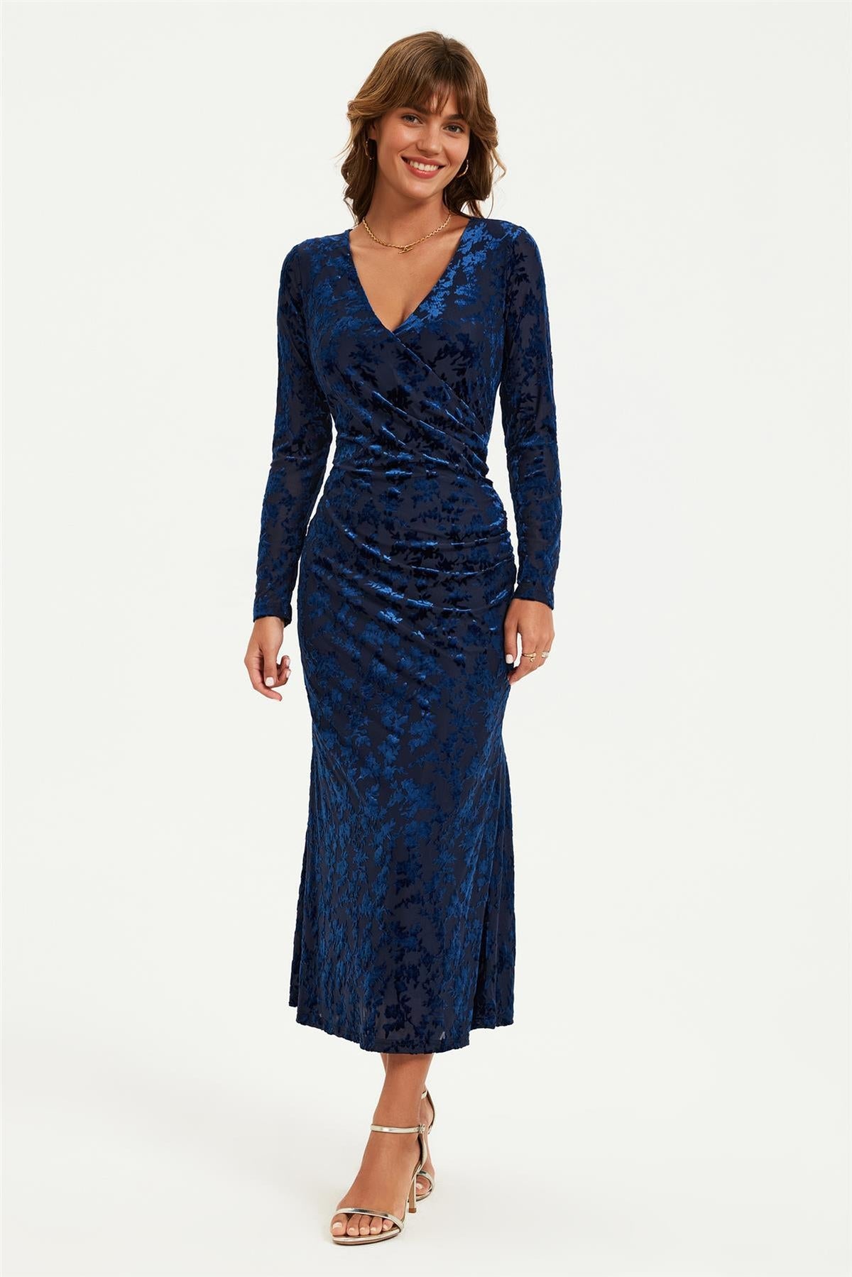 Floral Velvet Devore Long Sleeve Wrap Midi Dress In Navy