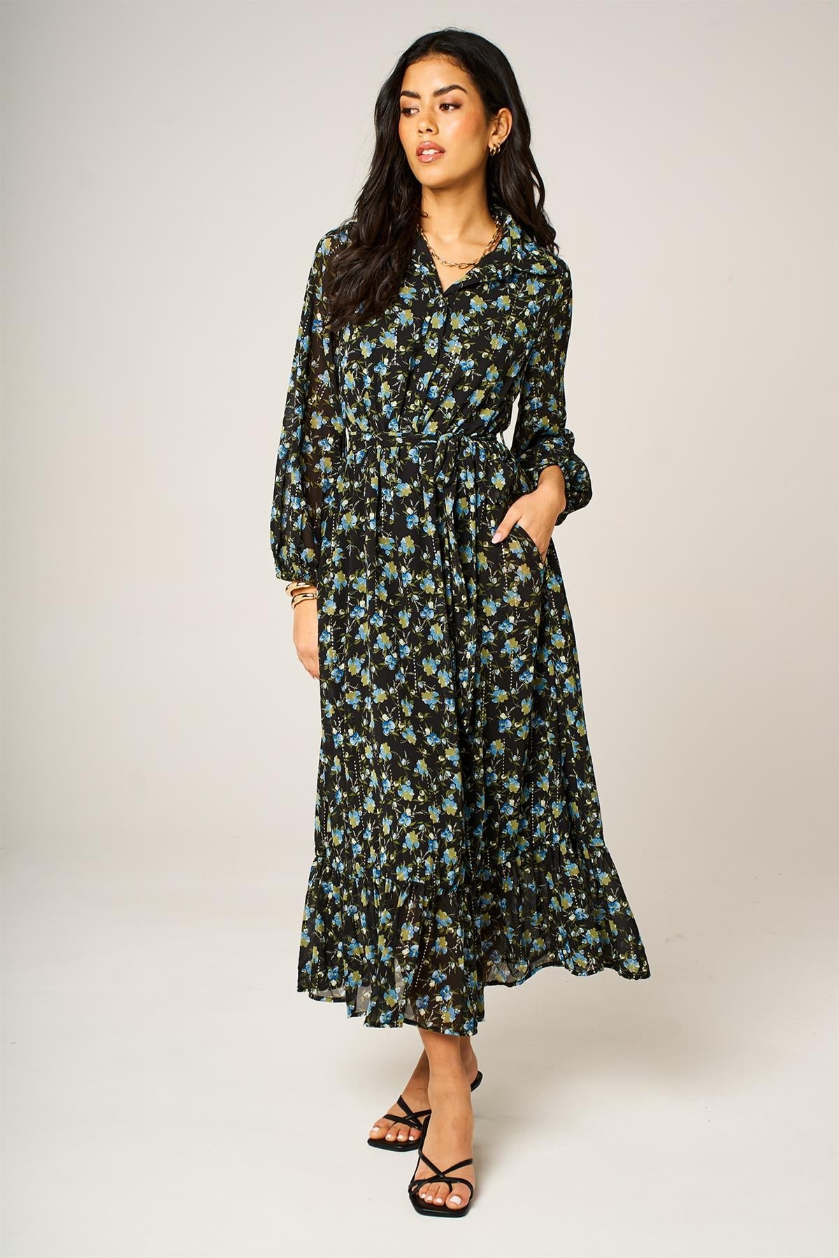Floral Print Hem Detail Shirt Midi Dress With Tie Waist In Black