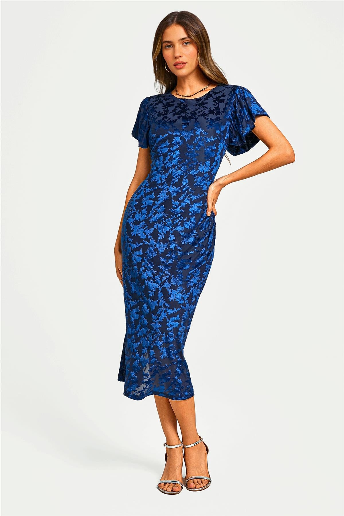 Floral Velvet Devore Puff Sleeve Bodycon Midi Dress In Navy