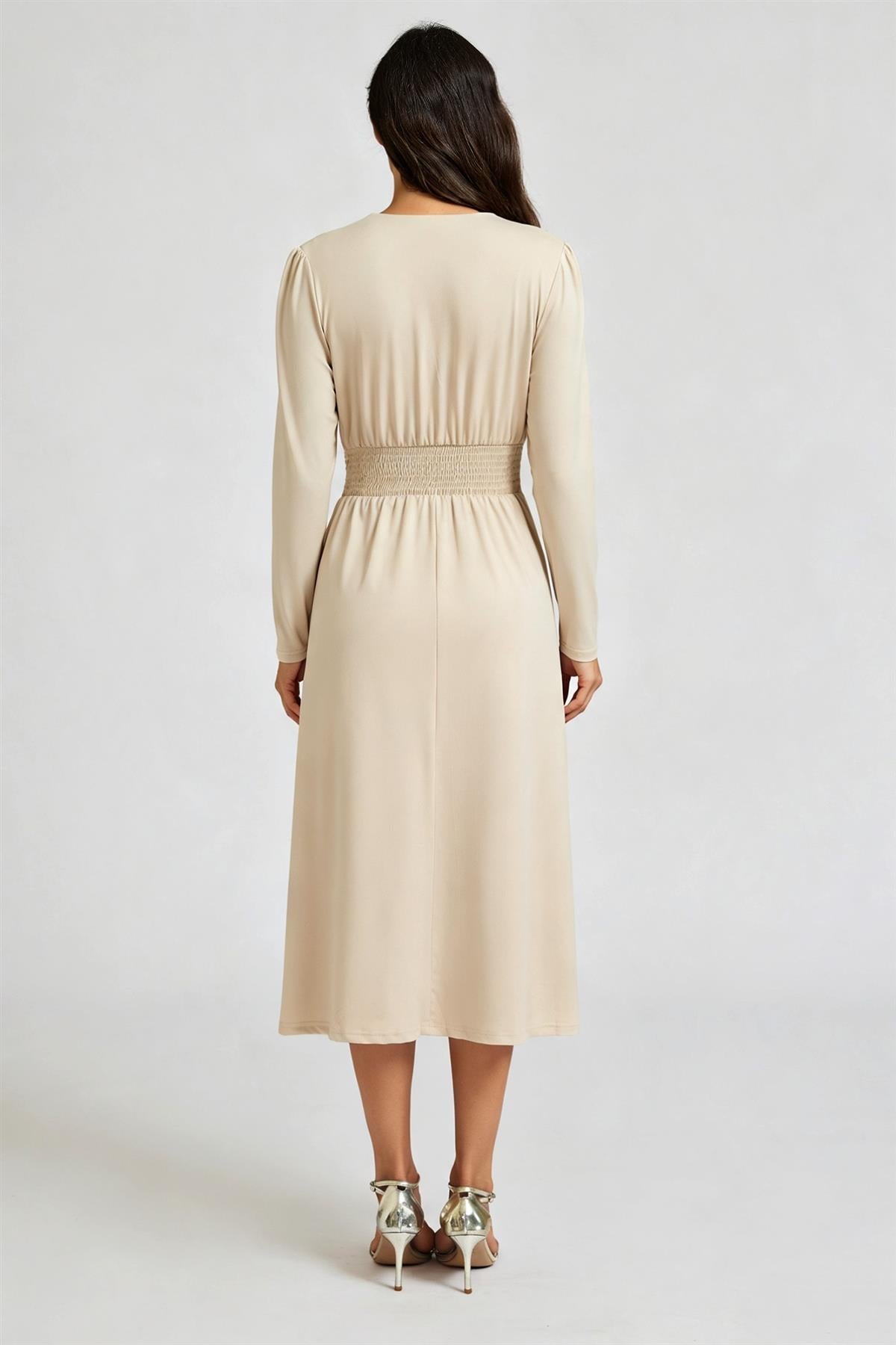 FS Collection Jersey Long Sleeve Midi Dress In Light Oat
