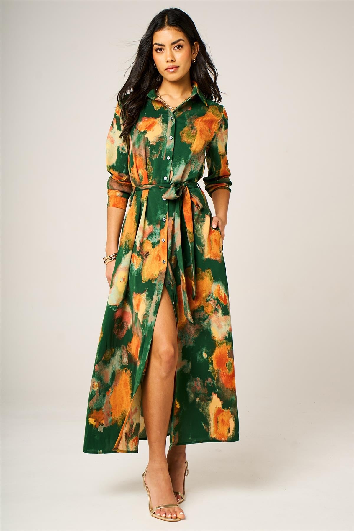 Abstract Floral Long Sleeve Belted Shirt Dress In Green