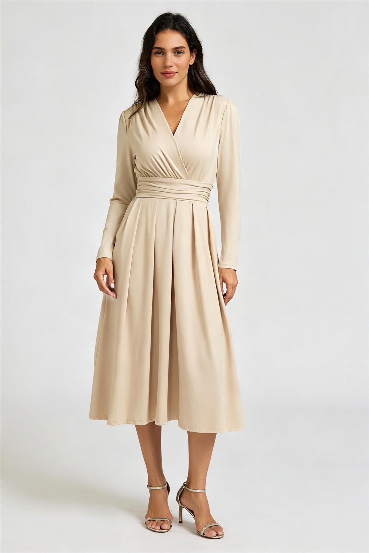 FS Collection Jersey Long Sleeve Midi Dress In Light Oat