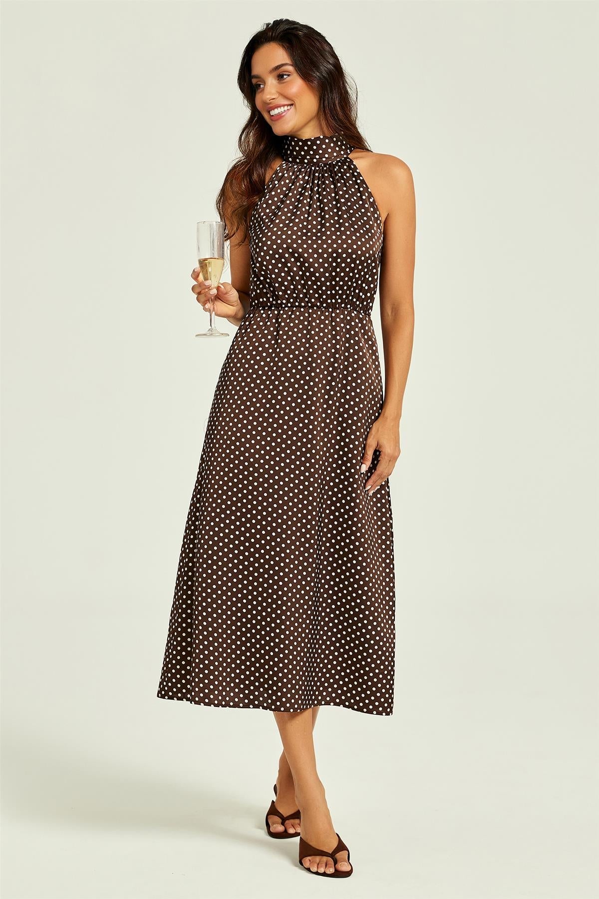 FS Collection Polka Dot Halterneck Tie Back Midi Dress In Brown