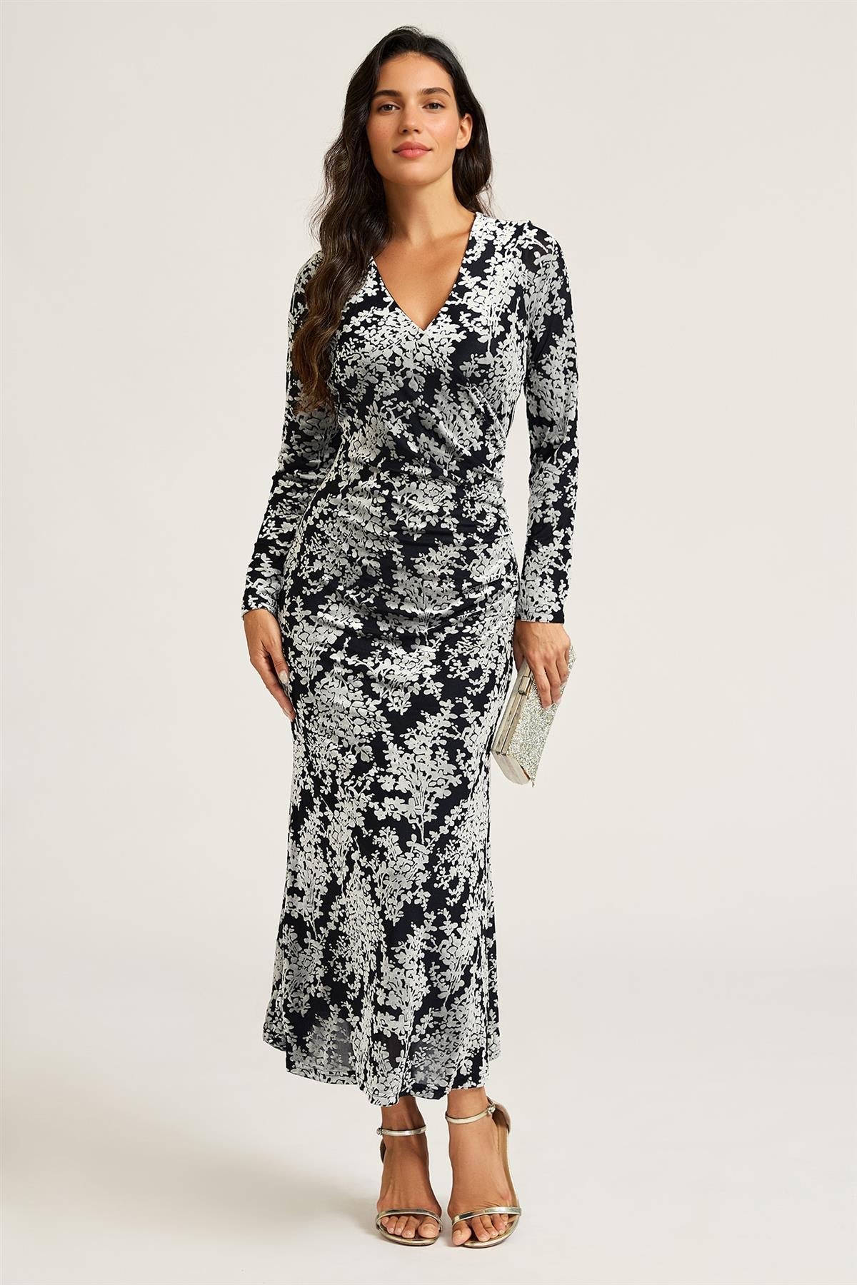 FS Collection Silver Floral Velvet Devore Long Sleeve Wrap Midi Dress In Black