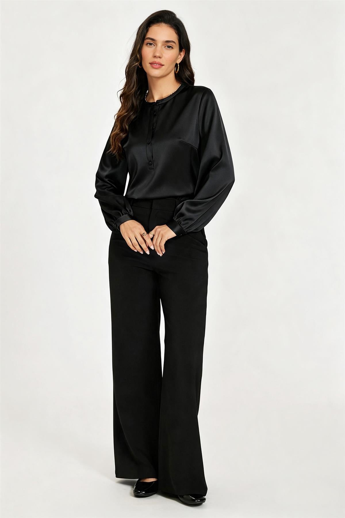 Long Sleeve Satin Blouse Top In Black