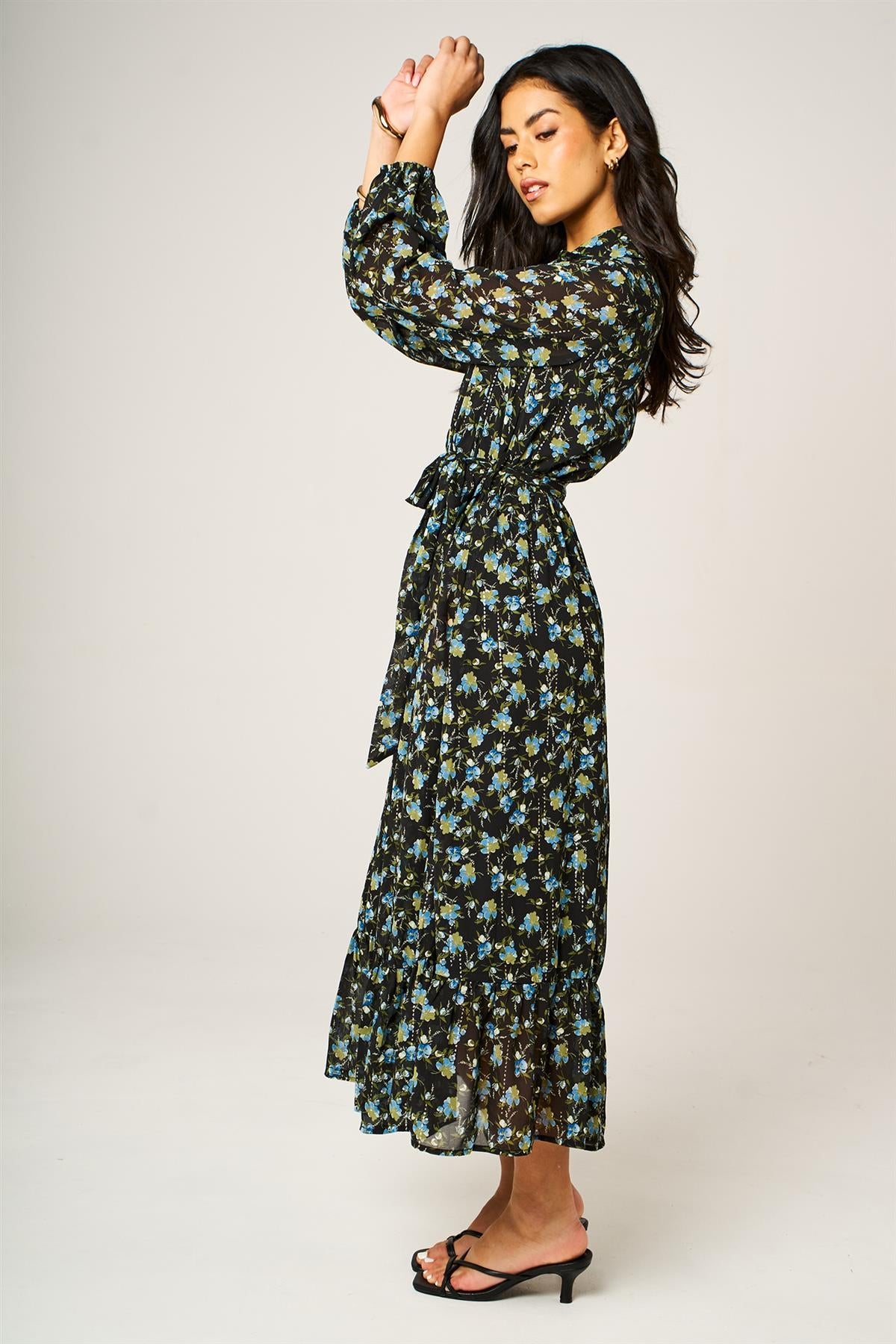 Floral Print Hem Detail Shirt Midi Dress With Tie Waist In Black