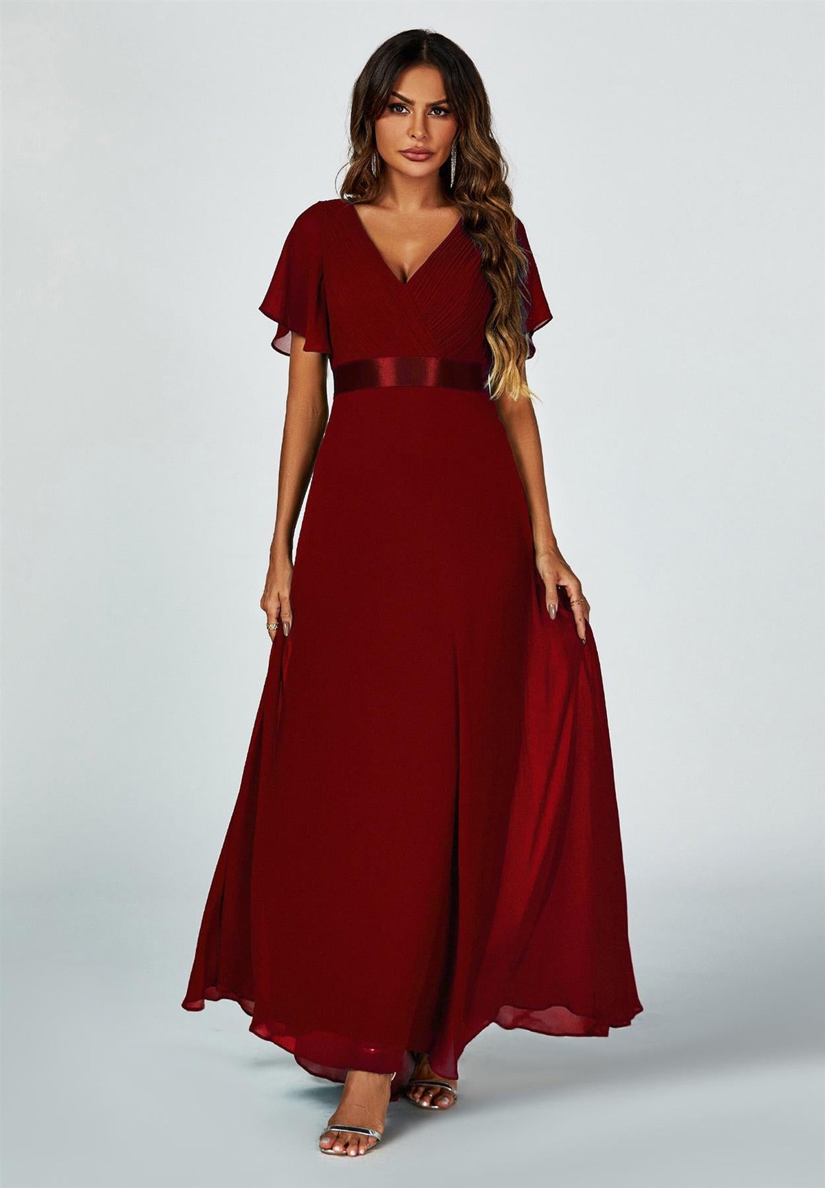 Angel Sleeves Empire Waist Bridesmaid Dress In Wine