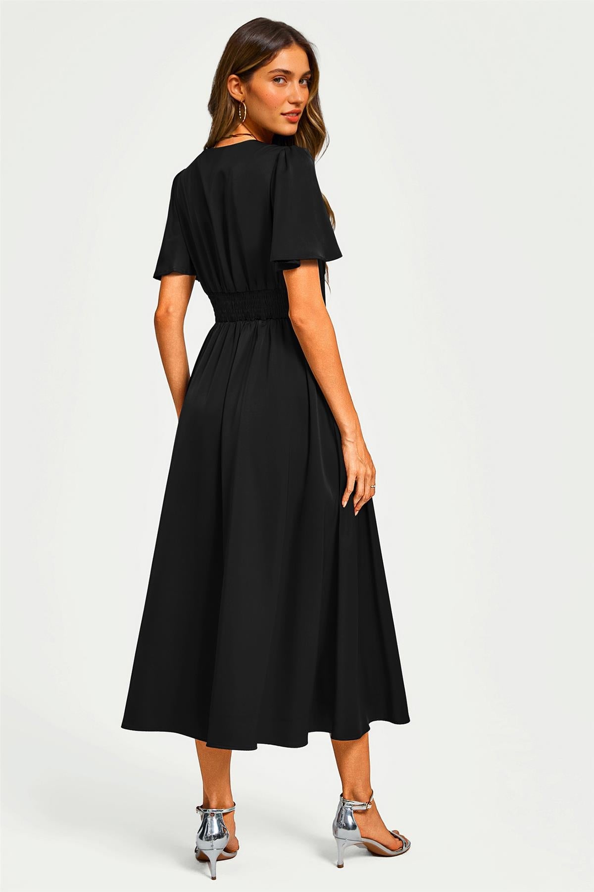 FS Collection Satin V neckline Button Detail Dress In Black