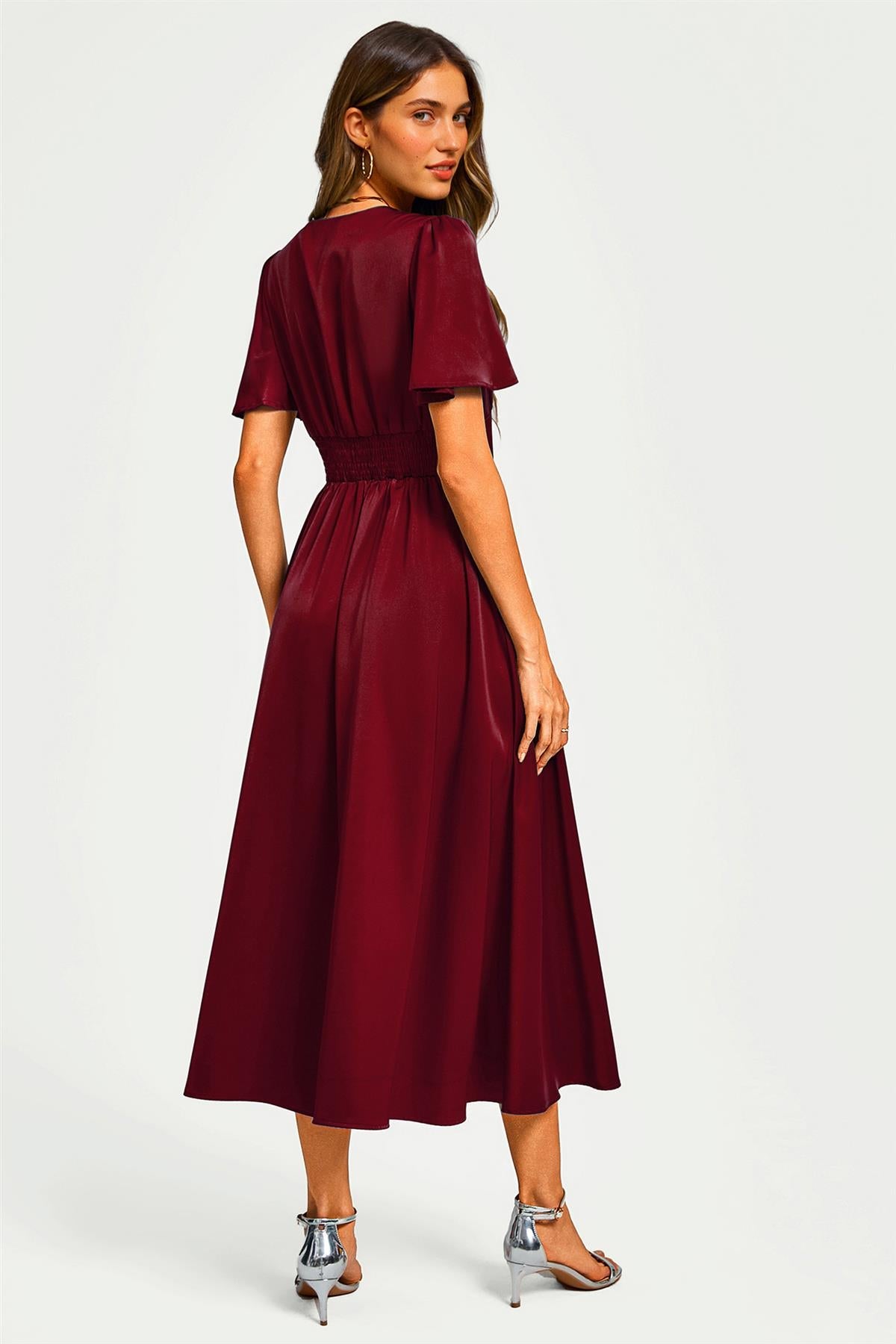 FS Collection Satin V neckline Button Detail Dress In Wine