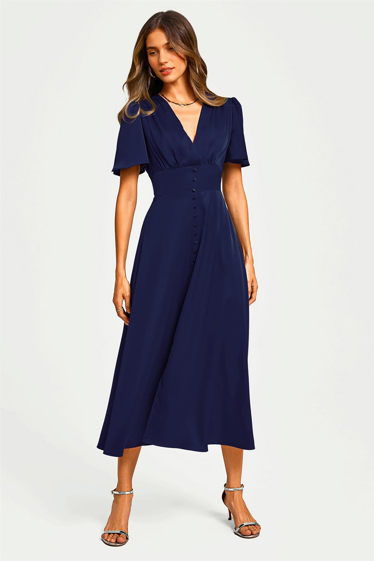 FS Collection Satin V neckline Button Detail Dress In Navy