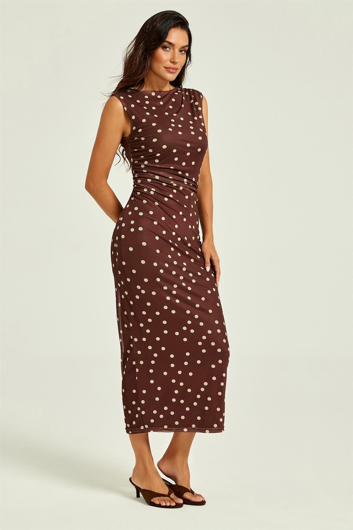 FS Collection Polka Dot Print Mesh Midi Dress In Brown