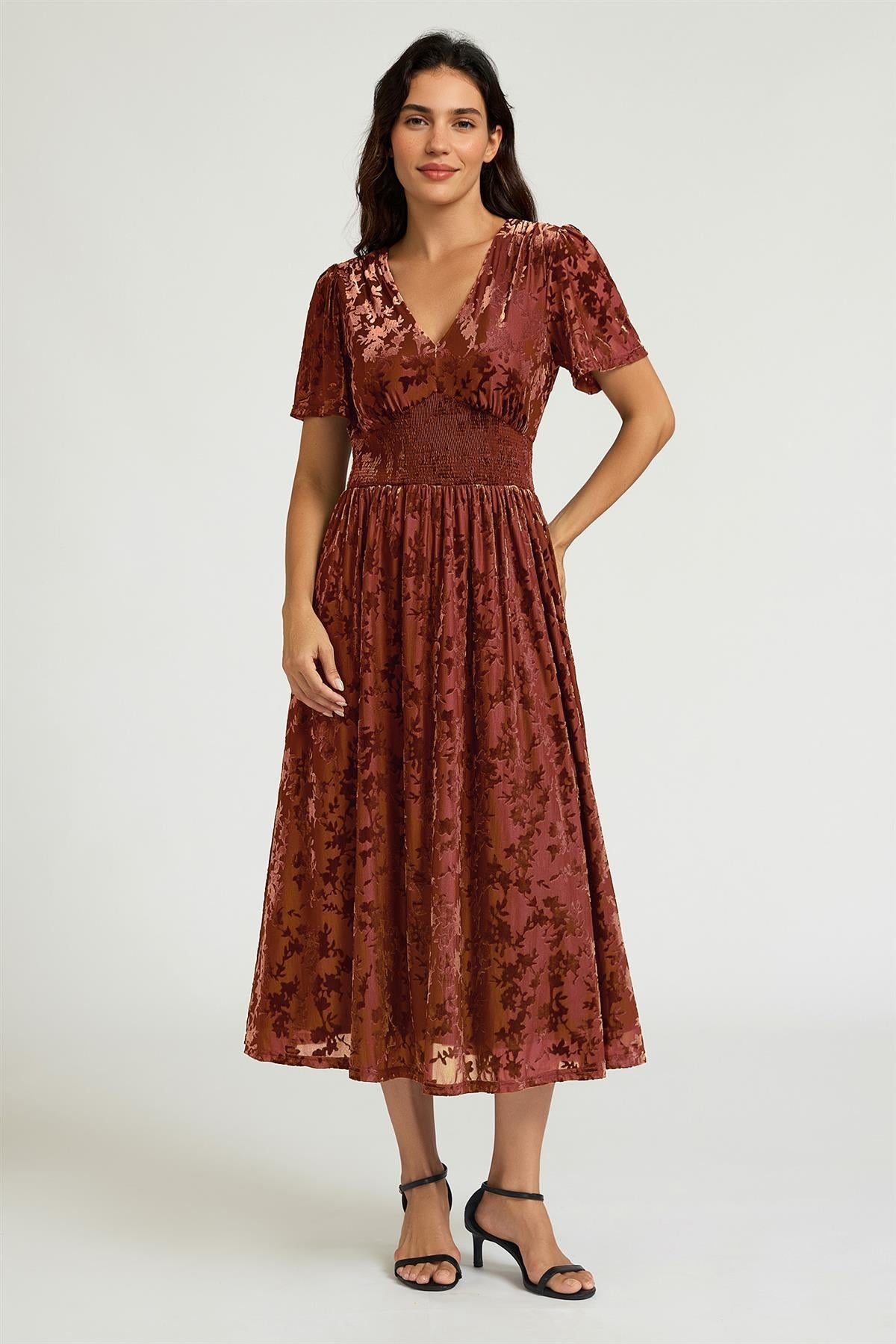 FS Collection Velvet Burnout V-Neck Angel Sleeve Midi Dress