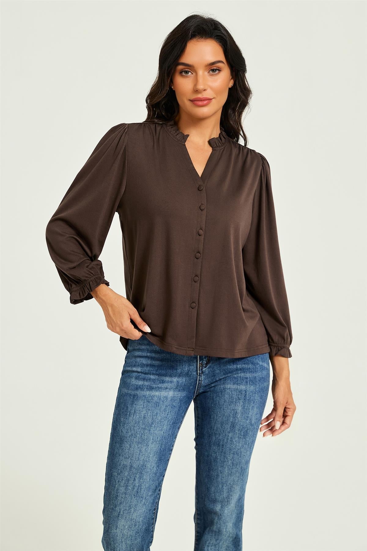 Frill Neck Long Sleeve Jersey Blouse Brown