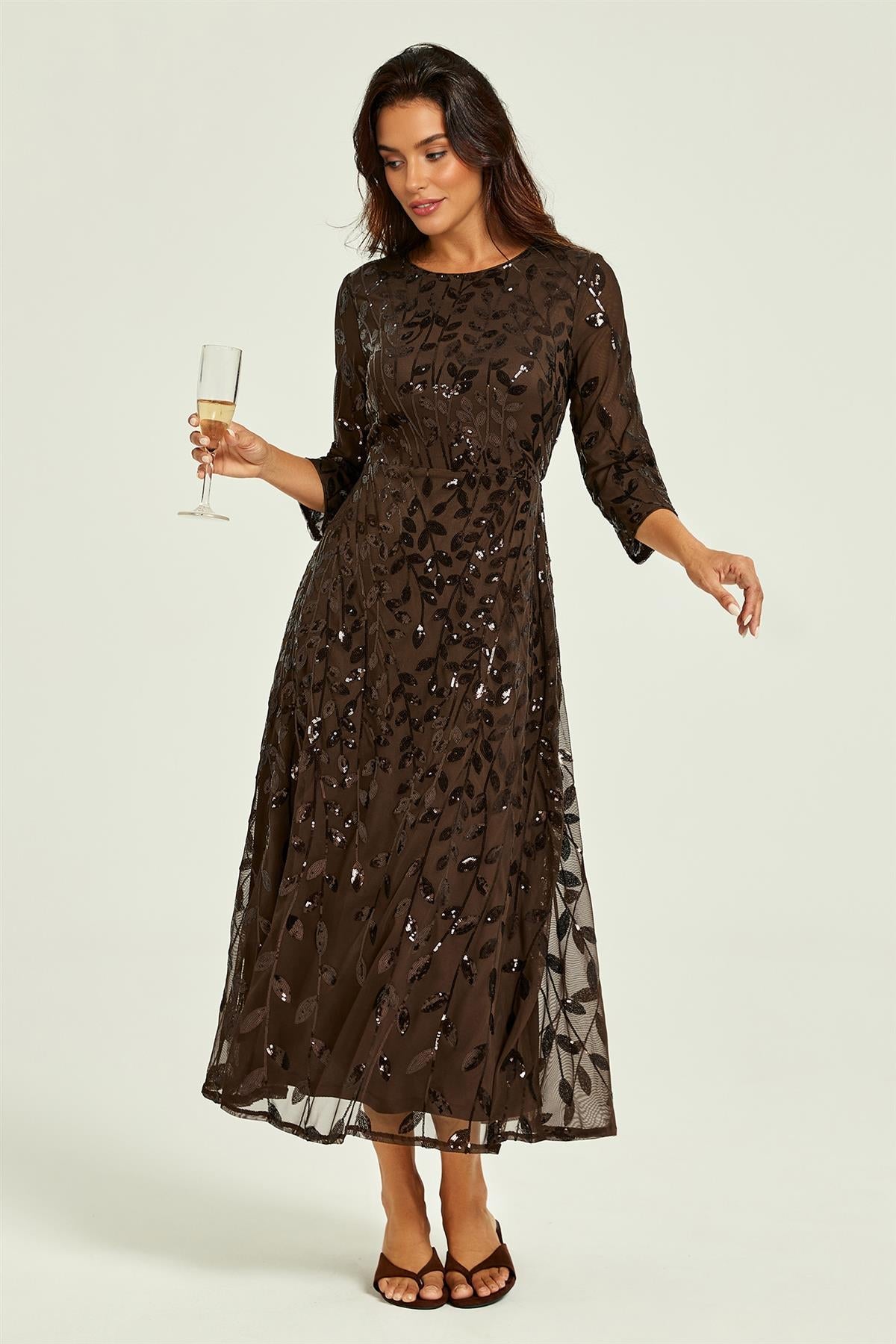 FS Collection Sequin Leaf 3/4 Sleeve Bridesmaid Midi Dress In Brown