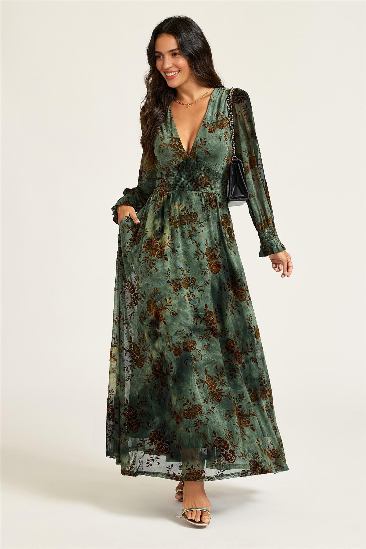 FS Collection Brown Floral Velvet Devore Long Sleeve Maxi Dress In Green