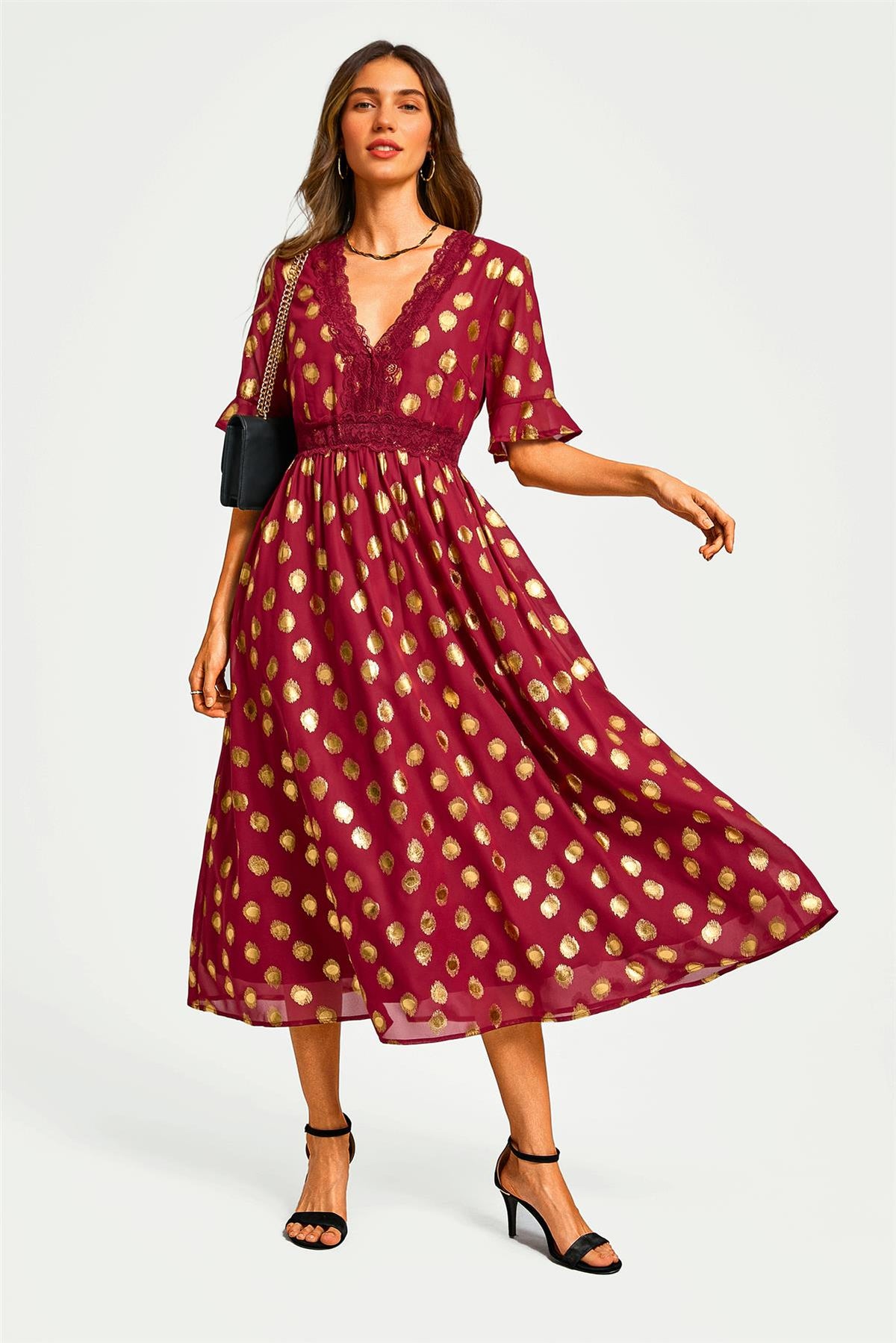 Gold Foil Long Sleeve Lace Trim V Neck Maxi Dress In Wine