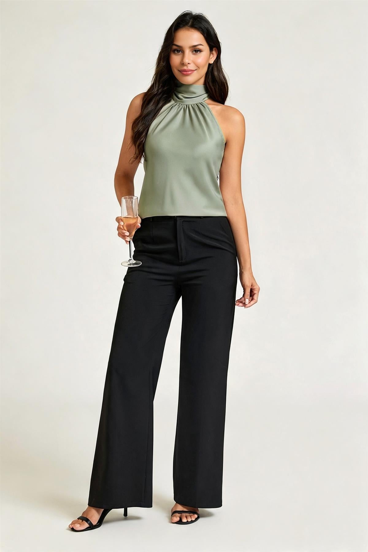 FS Collection Satin Halter Neck Tie Back Top In Dusty Sage