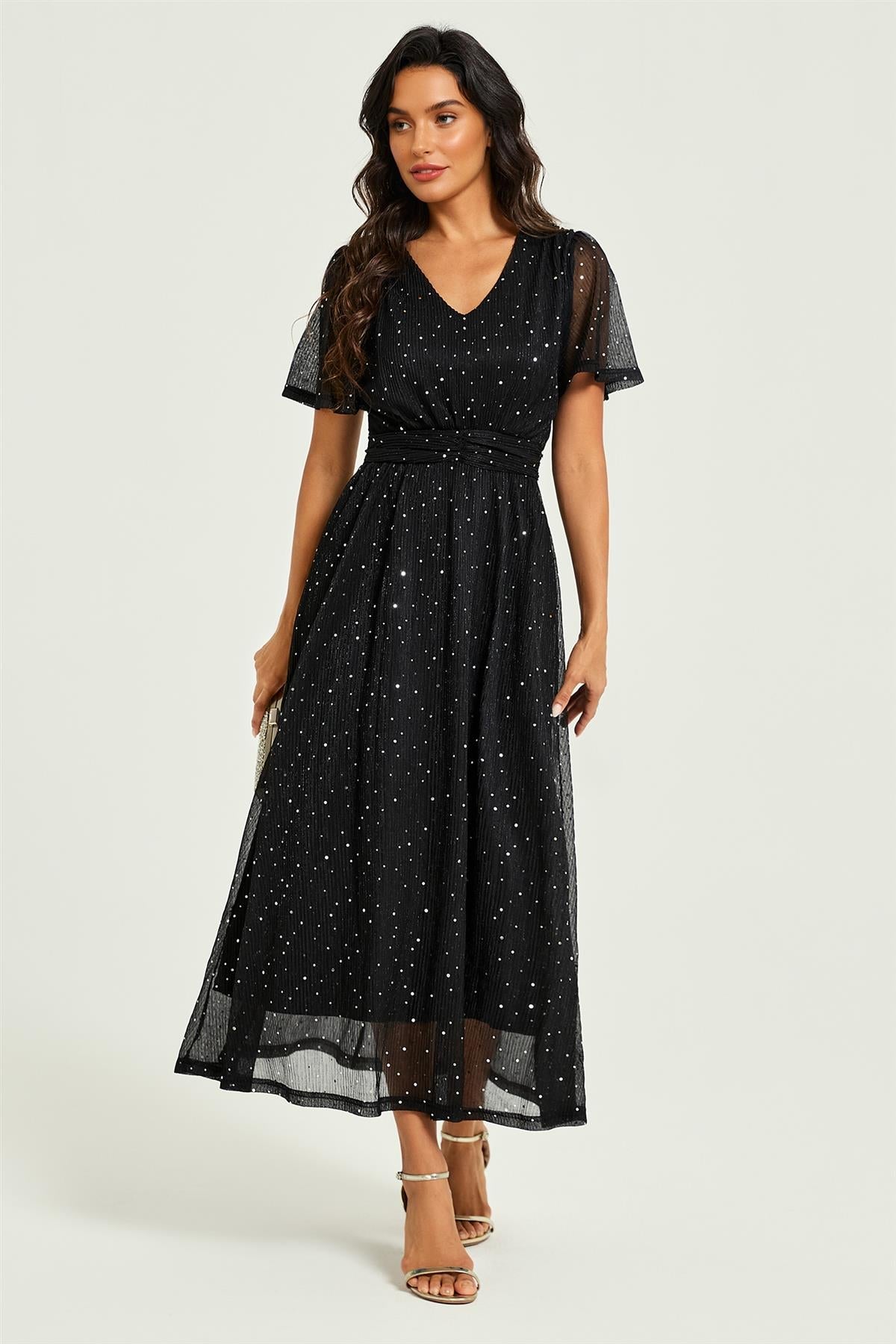 Silver Sequin Pleated Ruched Waist Midi Dress Black