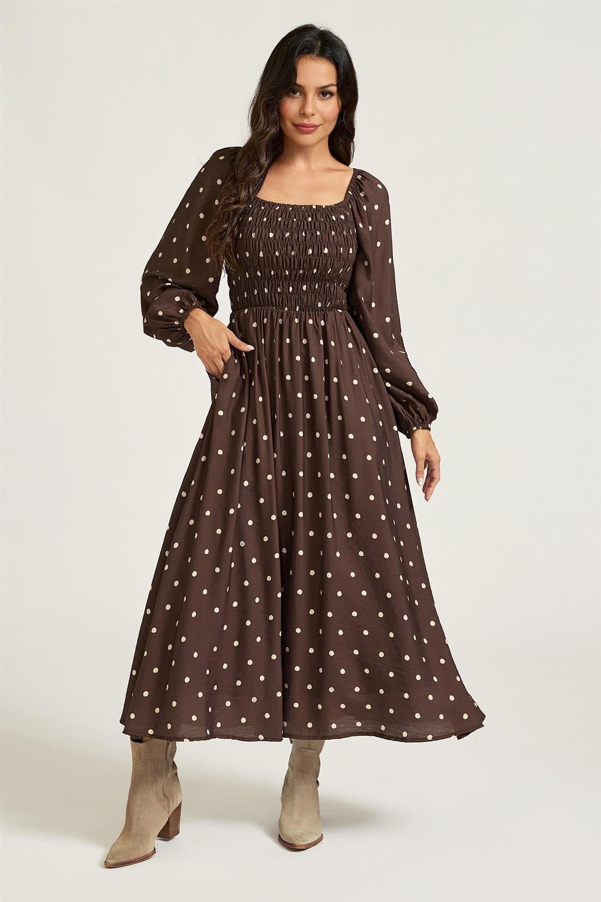 FS Collection Brown Dot Print Square Neck Midi Dress