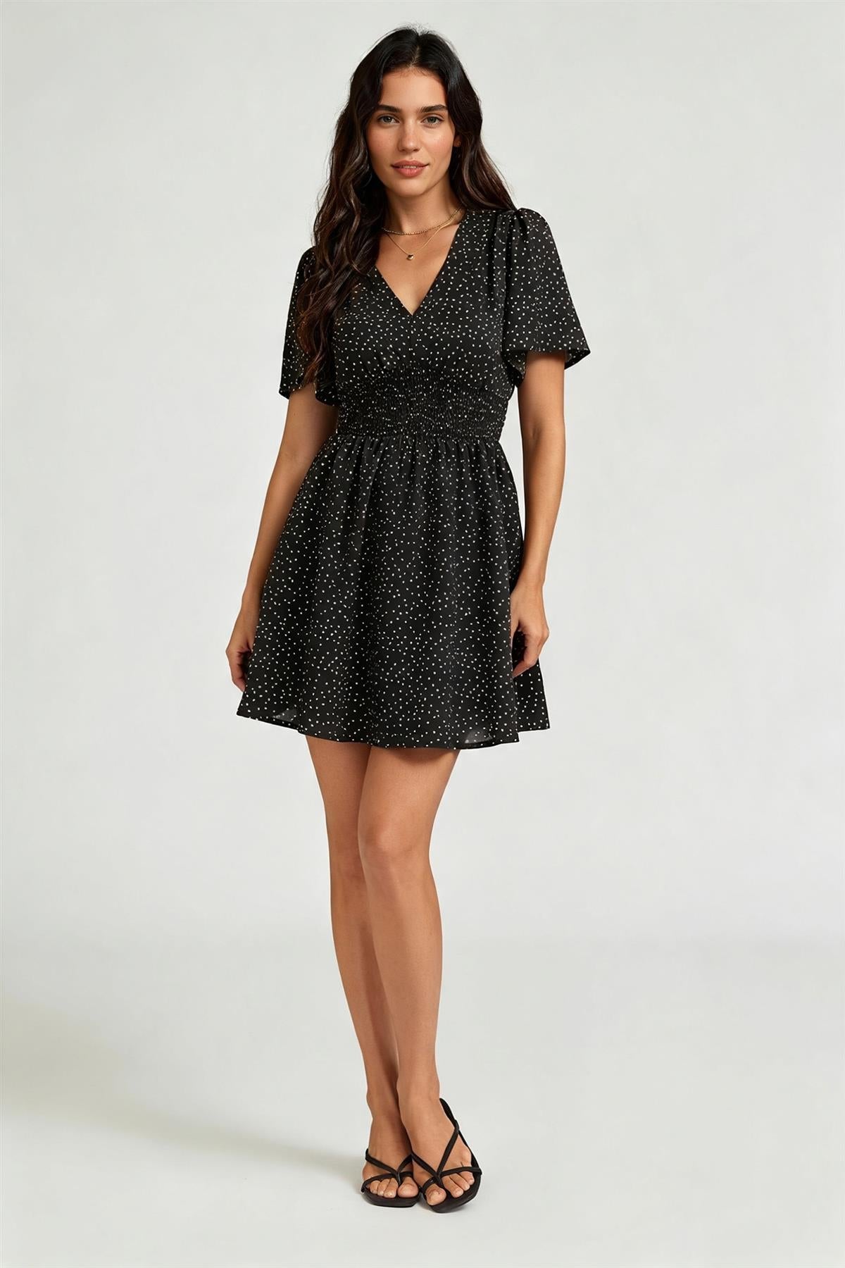 Dot Print Short Sleeve Mini Dress In Black