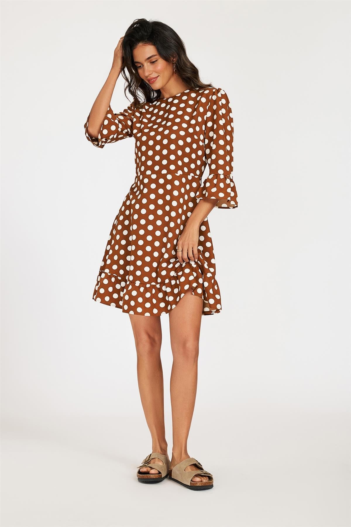 FS Collection Polka Dot Print Frill Detail Mini Dress In Brown