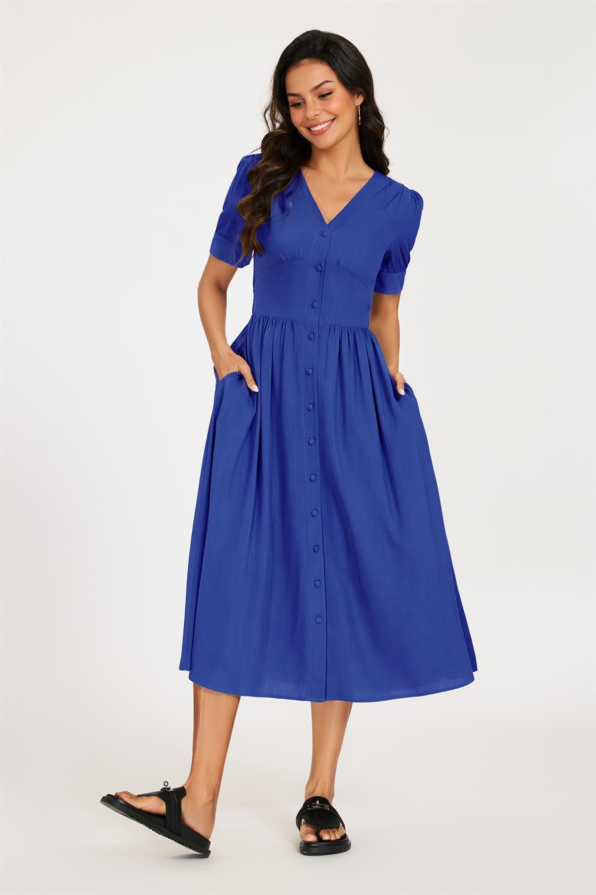 FS Collection Button Front Short Sleeve Midi Dress In Blue