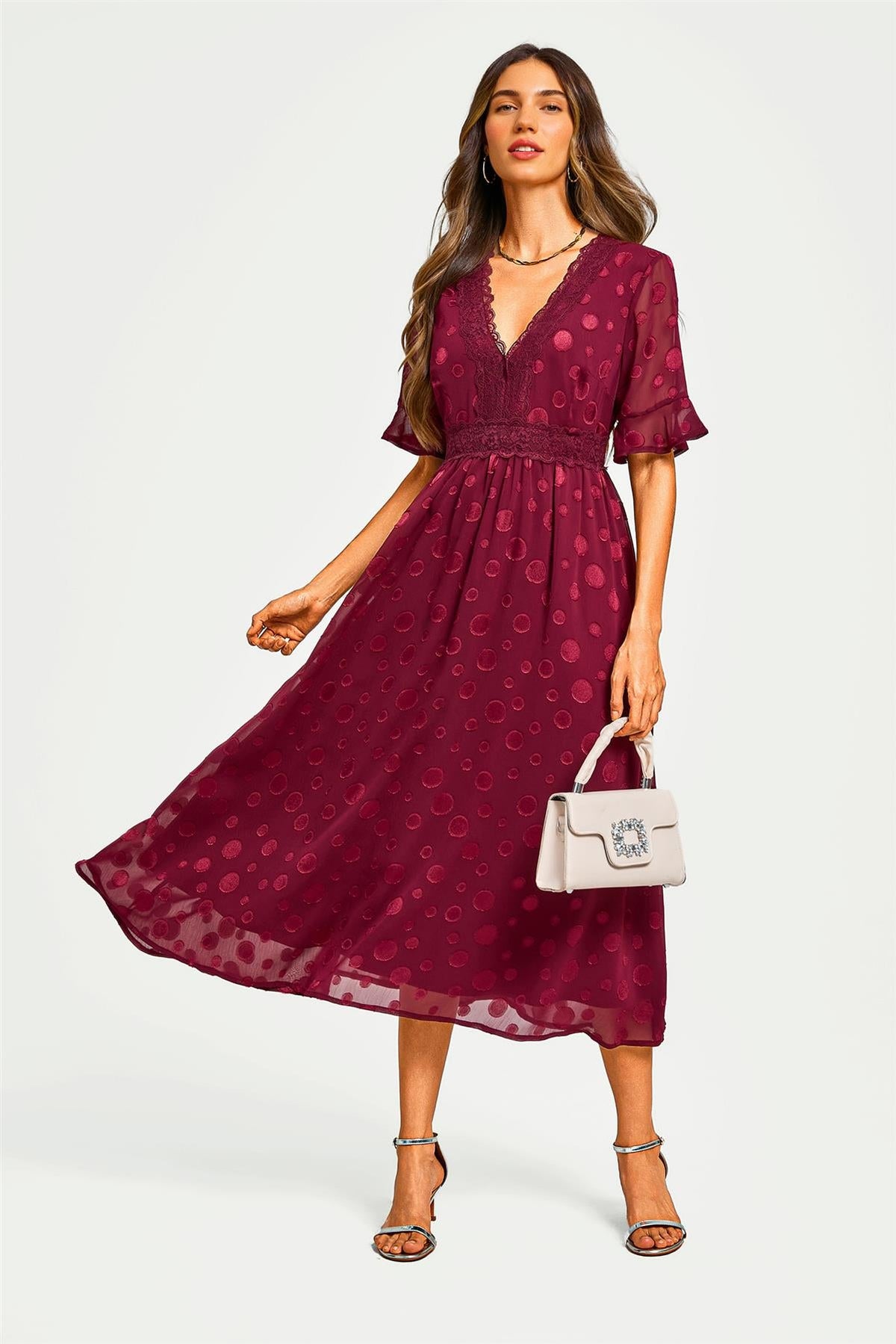 Polka Dot Jacquard Long Sleeve Lace Trim V Neck Maxi Dress In Wine