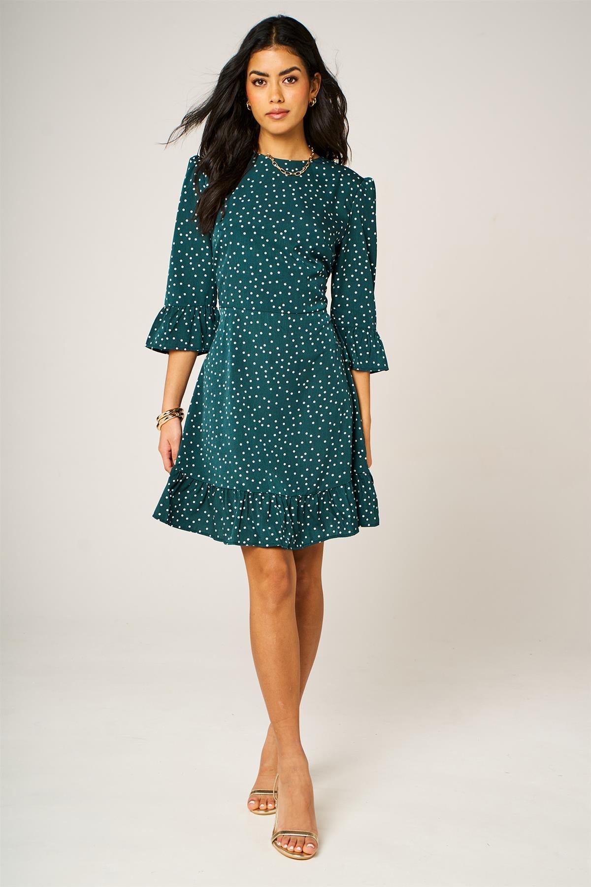 Little Dot Print Frill Detail Mini Dress In Green